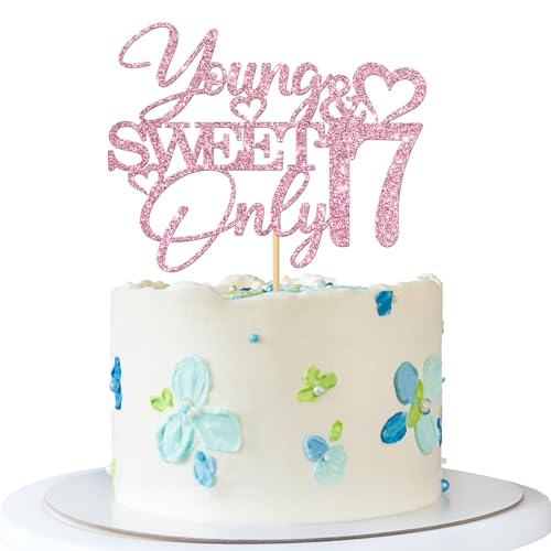 Young & Sweet Tortenaufsatz mit Aufschrift "Only 43.2 cm – Mädchen zum 17. Geburtstag – 17 Jahre alt – Happy 17th Birthday Party Dekoration – Rosa Glitzer von MERRSHIN