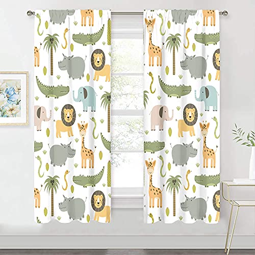 MESHELLY Vorhänge für Kinderzimmer, Safari-Tiere, 74 cm (B)x160 cm (H) Stangentasche, Baby, Jungen, Kinder, Wald, Dschungel, Löwe, Elefant, bedruckte Vorhänge für Wohnzimmer, Stoff, 2 Vorhänge von MESHELLY