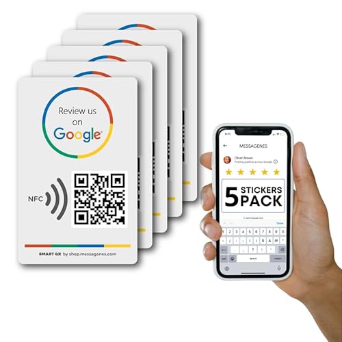 MESSAGENES Google QR-Code-Aufkleber, wiederverwendbar, intelligenter QR-Code und NFC, Packung mit 5 Einheiten, rechteckig, 12 x 8 cm, einfache Bewertungen, Link jederzeit ändern, Google-Aufkleber für von MESSAGENES