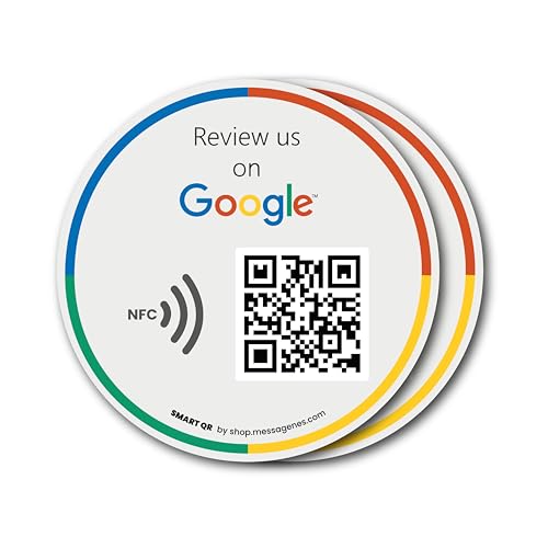 Wiederverwendbare Rezensions-Aufkleber für Google-Rezensionen, 2 Aufkleber, QR & Tap NFC-Aufkleber, Review Us on Google Tap-Aufkleber, iPhone & Android, Boost My Reviews Aufkleber, Einrichtung zu von MESSAGENES