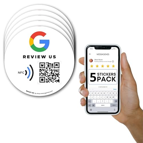 Wiederverwendbare Rezensions-Aufkleber für Google-Rezensionen, 5-Aufkleber-Packung, QR & Tap NFC-Aufkleber, Review Us on Google Tap Aufkleber, iPhone & Android, Boost My Reviews Aufkleber, Einrichtung von MESSAGENES