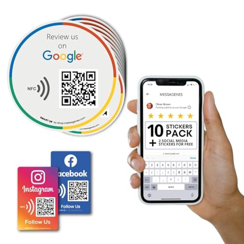 Wiederverwendbarer Rezensions-Aufkleber für Google-Rezensionen, 10 Aufkleber, QR & Tap NFC-Aufkleber, Überprüfung uns auf Google Tap-Aufkleber, iPhone & Android, Boost, My Reviews Aufkleber, zu Hause von MESSAGENES