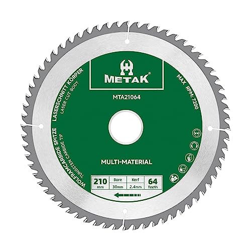 METAK HM Kreissägeblatt 210x30mm 64 Zähne für Aluminium Multi-Material Sägeblatt 210x30 Ideal für Holz, Laminat, MDF, Kunststoff, und Kupfer - Kompatibel mit Metabo, Bosch & vielen weiteren Marken von METAK