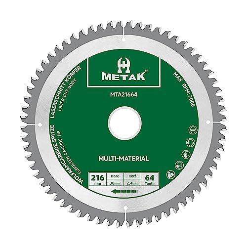 METAK HM Kreissägeblatt 216x30mm 64 Zähne für Aluminium Multi-Material Sägeblatt 216x30 Ideal für Holz, Laminat, MDF, Kunststoff, und Kupfer - Kompatibel mit Metabo, Bosch & vielen weiteren Marken von METAK