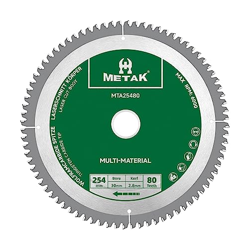 METAK HM Kreissägeblatt 254x30mm 80 Zähne für Aluminium Multi-Material Sägeblatt 254x30 Ideal für Holz, Laminat, MDF, Kunststoff, und Kupfer - Kompatibel mit Metabo, Bosch & vielen weiteren Marken von METAK