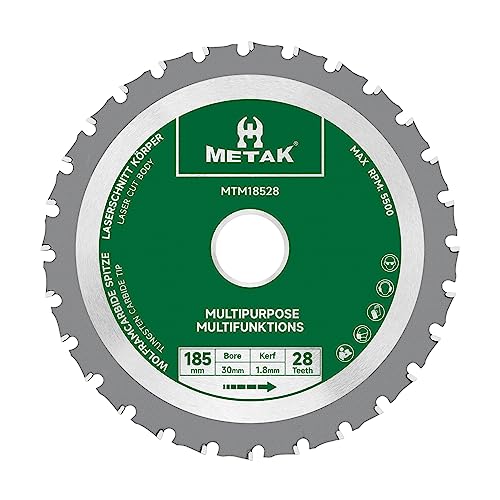 METAK HM Multifunktions Kreissägeblatt 185x30 mm für Holz, Metall, Aluminium | Multi Material Sägeblatt 185mm 28 Zähne für Stahl | Reduzierring 30 mm inklusive von METAK