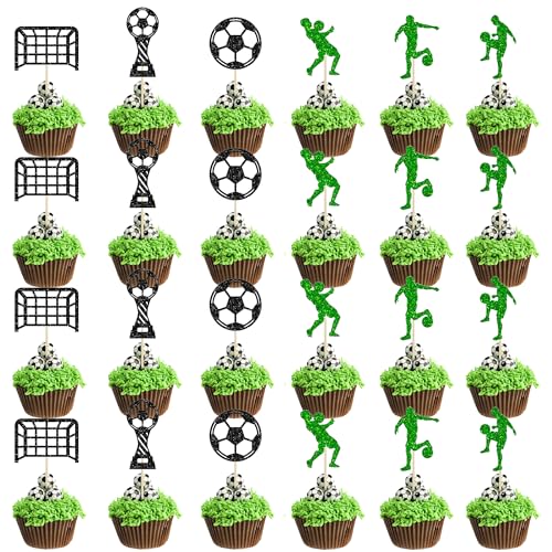 MEUTL Fußball-Cupcake-Topper, Fußball-Kuchenaufsätze, Dekorationen für Fußball-Geburtstagsfeiern, Fußball-Cupcake-Topper für WM und Europameisterschaft, 24 Stück, Schwarz-Grün, 24 Stück von MEUTL