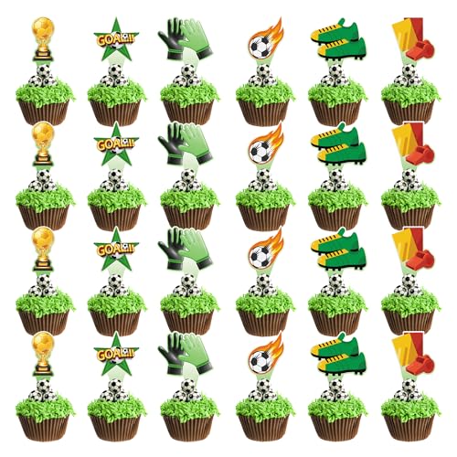 MEUTL Fußball-Cupcake-Topper, Fußball-Kuchenaufsätze, Dekorationen für Fußball-Geburtstagsfeiern, Fußball-Cupcake-Topper für WM und Europameisterschaft, 24 Stück, bunt, 24 Stück von MEUTL