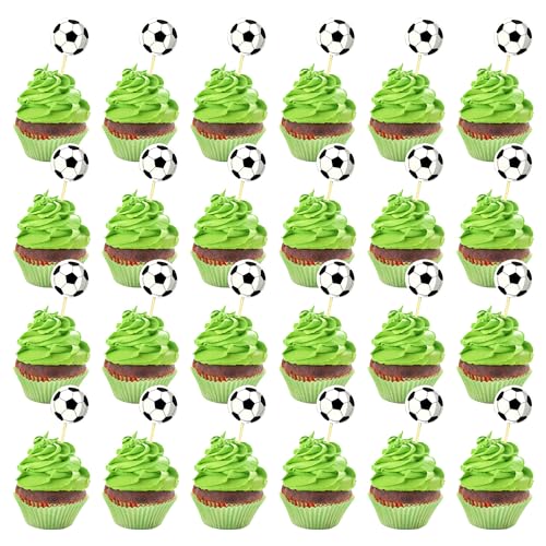 MEUTL Fußball-Cupcake-Topper, Fußball-Kuchenaufsätze, Dekorationen für Fußball-Geburtstagsfeiern, Fußball-Cupcake-Topper für WM und Europameisterschaft, Dekorationen (48 schwarzweiß), 24 und 48 Stück von MEUTL