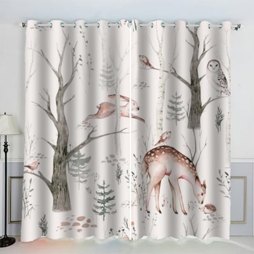 MEVASA Gardinen Fuchs Kaninchen Verdunklungsvorhänge Wohnzimmer Schlafzimmer Kinderzimmer Mädchen Jungen 3D Polyester Cartoon-Wald Vorhänge Ösen 150 x 166 BxH von MEVASA