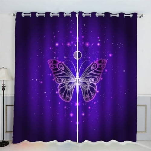 MEVASA Schmetterling Vorhänge mit Ösen 2er Set 3D Lila Vorhänge Abdunkelnd Polyester für Jugendzimmer Schlafzimmer Wohnzimmer Wohnkultur Vorhänge 200 x 200 cm BxH von MEVASA