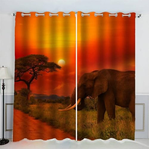 MEVASA Vorhänge Blickdicht Elefant 3D Verdunklungsvorhänge 2er Set mit Ösen Gardinen Sonnenuntergang Vorhang Microfaser Schlafzimmer Kinderzimmer 140 x 160 BxH von MEVASA