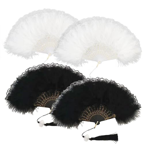 MEYAGOT 4 Pack Damen Fächer Feder, Spitze Handfächer Federfächer, 1920s Vintage Stil Retro Handfächer Damen, Federfächer Handfächer für Hochzeit Halloween Karneval Party Gastgeschenk(Schwarz, Weiß) von MEYAGOT