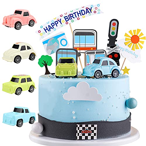 MEZHEN Auto Tortendeko Baufahrzeuge Kuchen Deko Geburtstag Cake Topper Happy Birthday Kuchendeko Auto Geburtstagsparty Kuchendekoration Junge Verkehrsschilder Cupcake Topper 33 Stück von MEZHEN