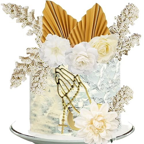 MEZHEN Boho Tortenaufsatz Dekoration Kreuz Hände Gold Acryl Tortendeko Blume Gold Palmenblätter Torte Deko für Taufe Geburtstag Hochzeit Babyparty Kommunion 13 Stück von MEZHEN