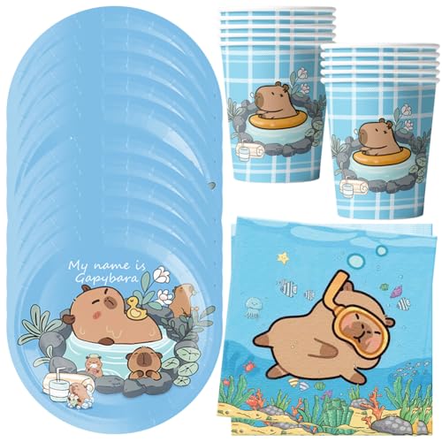 MEZHEN Capybara Partygeschirr Kindergeburtstag Deko Geburtstag Party Geschirr Tiere Pappteller Becher Servietten Babyparty Tischdeko Set von MEZHEN