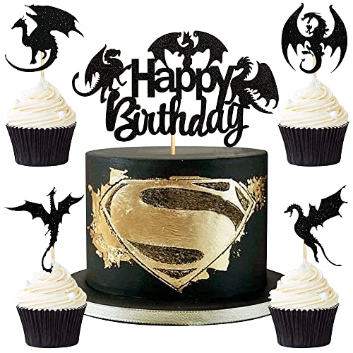 MEZHEN Glitter Tortendeko Drachen Kuchen Deko Geburtstag Drachen Ritter Kuchen Toppers Schwarze Muffin Deko Torte Happy Birthday Kindergeburtstag Deko 25 Stück von MEZHEN