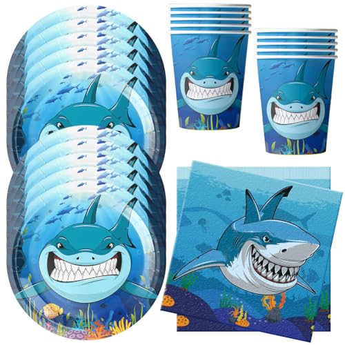 MEZHEN Hai Partygeschirr Kindergeburtstag Deko Shark Geburtstag Party Geschirr Ozean Pappteller Becher Servietten Set Tischdeko Geburtstagsparty Hochzeit Baby Show von MEZHEN