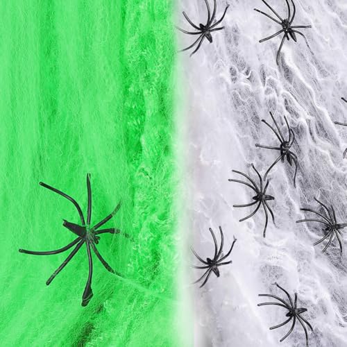 MEZHEN Halloween Deko Spinnennetz Weiß Spinnweben Leuchtende Outdoor Dekoration Mit Horror Schwarz Spinnen Groß SpiderWeb Innen Außen Häuser Garten Spukhaus Gruselig Decoration Halloween Party Zubehör von MEZHEN