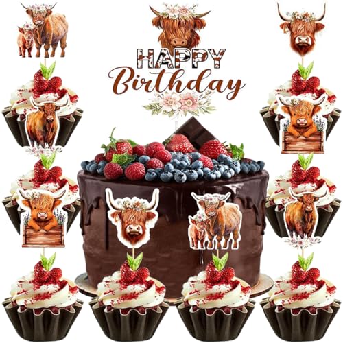 MEZHEN Highland Cow Tortendeko Geburtstag Kuchendeko Highland Cow Kindergeburtstag Tortendekoration Highland Cow Happy Birthday Cake Topper für Babyparty Kuchen Dekoration 25 Stück von MEZHEN