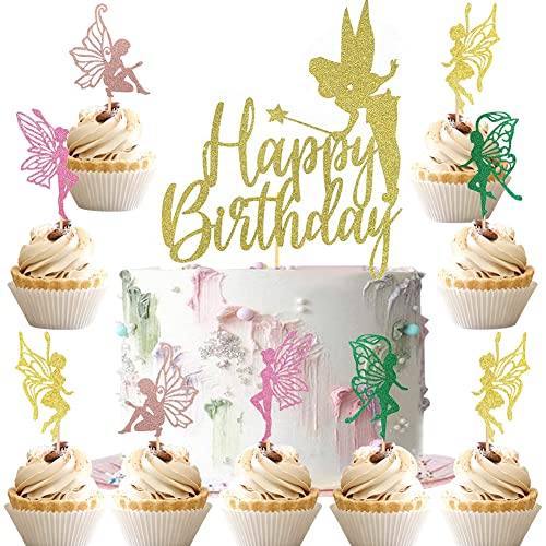 MEZHEN Tortendeko Fee Kuchen Deko Geburtstag Torte Deko Fairy Kindergeburtstag Cake Topper Happy Birthday Cupcake Topper Feen Kuchendeko Muffin Geburtstagsdeko Mädchen von MEZHEN