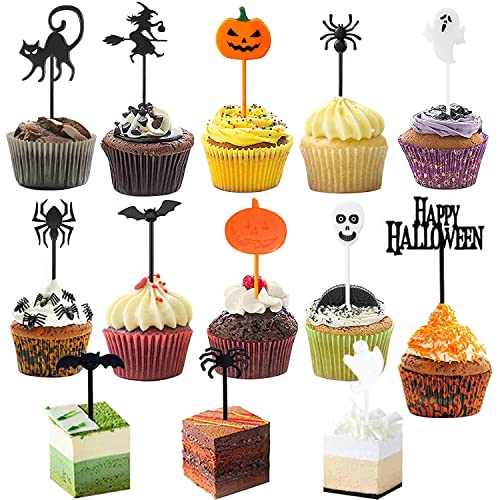 MEZHEN Tortendeko Halloween Cupcake Topper Kuchendeko Kürbis Deko Kuchen Happy Halloween Cake Topper Spinne Fledermaus Ghost Partydekoration Muffin Kuchendekoration 52 Stück von MEZHEN