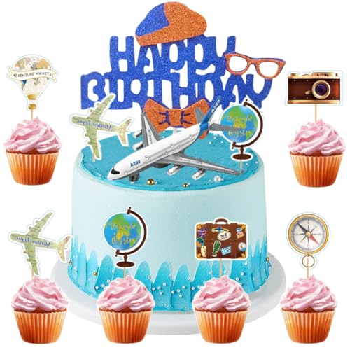 MEZHEN Tortendeko Reise Geburtstag Kuchen Deko Abenteuer Reise Torte Deko Happy Birthday Cupcake Topper Flugzeug Kuchendeko Kindergeburtstag Tortendekoration für Abenteuer Erwartet Reisen Themed Party von MEZHEN