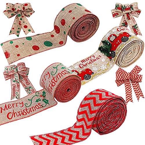 MEZHEN Weihnachten Geschenkband Weihnachtsband Sackleinen Band Schleifenband Breit Weihnachtsschleifen Dekoband Rot Weihnachtsschmuck für Weihnachtsbaum Kränze Deko Geschenkverpackung 4 Rollen von MEZHEN