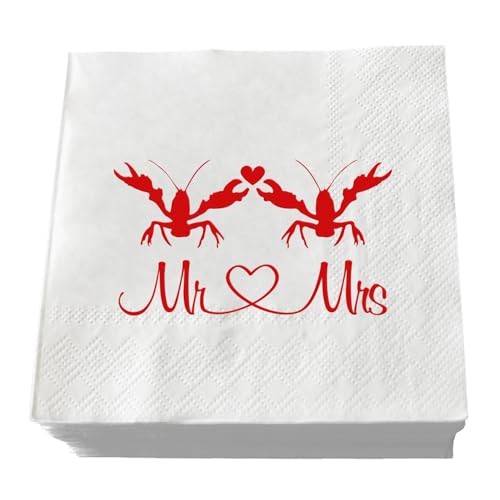 MFULHUBA Hochzeitsservietten, Motiv: Crawfish Mr & Mrs, Weiß und Rot, Louisiana Cajun-Thema, Cocktail-Servietten für Verlobung, Brautparty, Junggesellinnenabschied, Dekoration, lustige Braut und von MFULHUBA