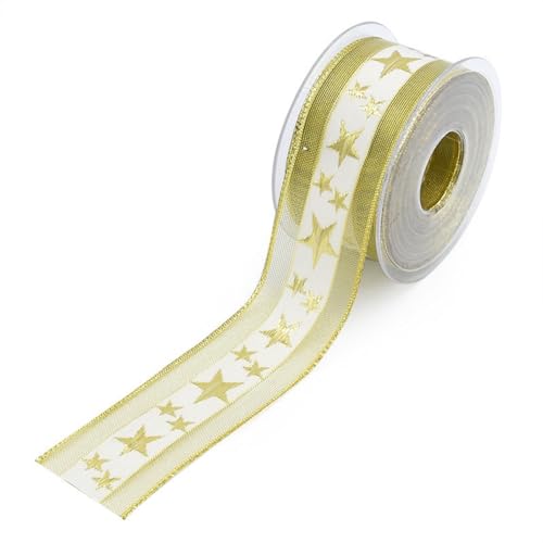 Geschenkband for Geschenke, kariertes Band, kariertes Geschenkband mit Drahtrand, Schottenkaroband, Band mit Drahtrand, Gingham-Band for Weihnachtsbaumdekoration, Geschenkverpackung(Gold Star) von MFUPR