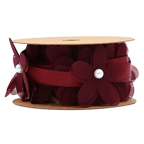 Geschenkband for Geschenke – 2 m Organza-Satinband mit Perlen, Gänseblümchen-Design for Heimwerker, Hochzeit und Schleifenherstellung(Wine Red) von MFUPR