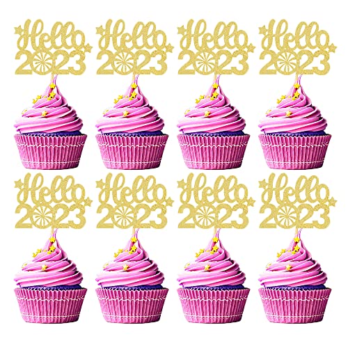 24 Stück Hello 2023 Cupcake-Topper Goldene Kuchendekoration Happy New Year Thema Party Dessert Einsatz MGPFERD von MGPFERD