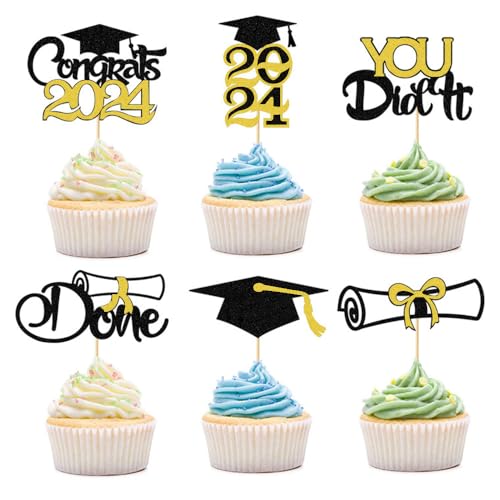 Cupcake-Topper 2024, Motiv: You Did It Motto-Party, Kuchendekoration, Schwarz und Gold, 24 Stück MGPFERD von MGPFERD