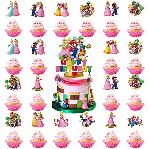 37 Stück Mario Kuchendekorationen mit 1 Stück Mario Prinzessin Pfirsich-Kuchenaufsatz, 36 Stück Prinzessin Pfirsich Cupcake Topper für Mädchen Geburtstag Party Dekorationen von MGTCAR