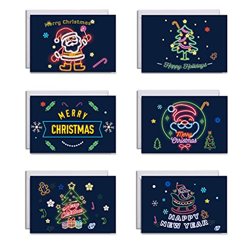 MHADBKH 6 Stück/Set Weihnachtsgrußkarten Mit Umschlägen Aufkleber Neonfarben Weihnachtsmann Baum Designs Winterurlaub Postkarten Partyzubehör von MHADBKH