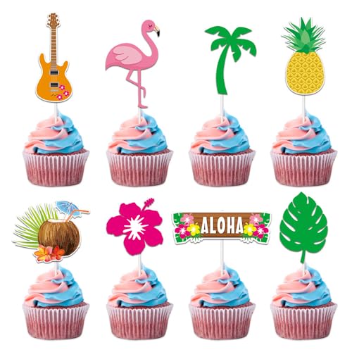 Cupcake Topper Sommer 24 Stück Tropische Hawaii Cupcake Topper Ananas Palmblatt Kokosnuss Aloha Flamingo Kuchen Topper Dekorationen für Sommerparty Luau Poolparty von MHDAMAI