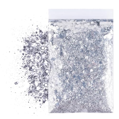 MHDUYEG 50g Silber Glitzerpulver Pailletten Glitter Pulver Glitzer Basteln Pailletten zum Basteln Glitzer für Gesicht Makeup Glitzerpuder für Musik Festival, Masquerade, Party von MHDUYEG