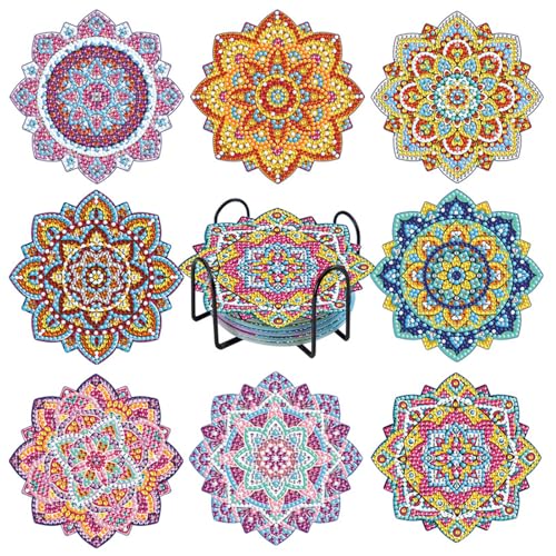 MHwan 8 Stück dreidimensionale 5D-Diamond Painting Untersetzer aus Acryl, exquisites buntes Mandala, Nicht saugfähig, Nicht verformbar, kann Lange wiederverwendet Werden, mit Rutschfester Korkbasis von MHwan