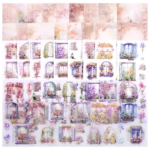 54 Blätter Scrapbook Supplies Kit, Fenster Blume Schmetterling vorgeschnitten PET und Washi Aufkleber mit ästhetischem Schrott Buchpapier für Junk Journals Art Journaling Scrapbooking von MIANRUII