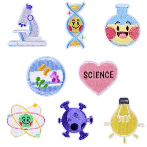 8Pcs Wissenschaft Eisen auf Patches Nette Karikatur Physik Biologie Chemie Labor Nähen auf Reparatur gestickte Applique Wissenschaftler Experiment Atom DNA Virus DIY Handwerk Geschenke für Labormantel von MIANRUII