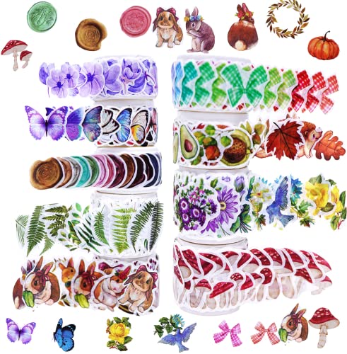 900Stk Vintage Washi Tape Set Masking Dekoratives Klebeband Blumenblütenblatt Farnblätter Schmetterlinge Kiefernblätter Pilze Tiere für DIY Tagebuch Planer Scrapbooking Kunsthandwerksbedarf (9Rolle) von MIANRUII