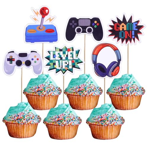 MIANRUII Videospiel Tortendeko Geburtstag, 36 Stück Gaming Cake Topper,Glitzer Spielkonsolen Thema Torten Deko, Happy Birthday Kuchen Deko Set, Cupcake Topper für Kindergeburtstag Videospiel Party von MIANRUII