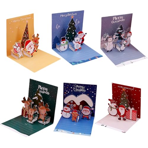 Weihnachtskarten 6er Set, 3D Pop-Up Karte Weihnachten mit Weihnachtsmann, Rentieren und Schneemann, Schönen Umschlägen Klappkarten Weihnachtsgrußkarte Geschenk für Familie und Freunde von MIATTCLD