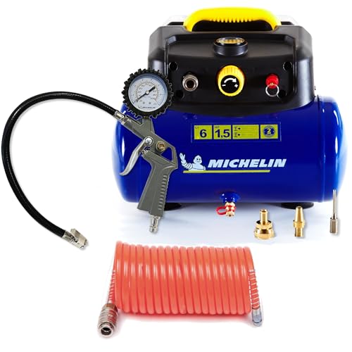 Michelin MBL6 tragbarer Luftkompressor, 6-Liter ölfreier Luftkompressor + Kit (inkl. Aufblaspistole, Spiralschlauch und 3 Düsen) von MICHELIN