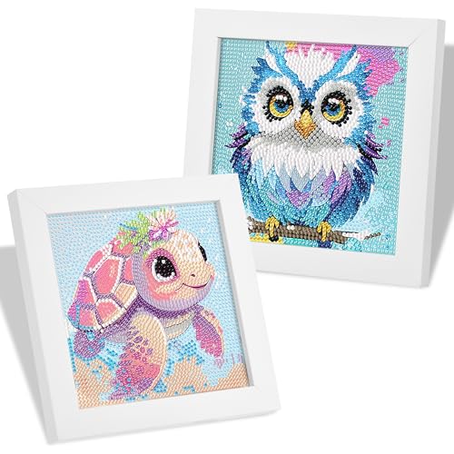 MICHIHOMIE 2er Set Diamond Painting Kinder mit Rahmen, 5D DIY Diamant Painting Bilder Kinder ab 4 5 6 8 10 Jahre Eulen und Seeschildkröten, Mosaikherstellung Arts Craft für Home Wand Decor 18×18 cm von MICHIHOMIE