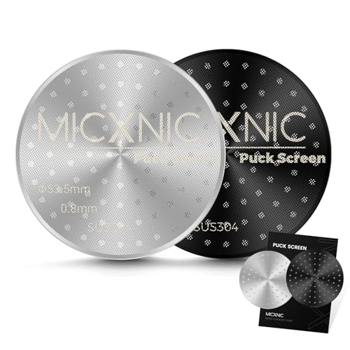 MICXNIC Puck Screen 54mm, 0.8mm Espresso Sieb für Sage 54mm Siebträger, Edelstahl Kaffee Puck Sieb mit Titanbeschichtung, Siebträger Zubehör mit Papiertüte, Schwarz Silber, 2 Stück von MICXNIC