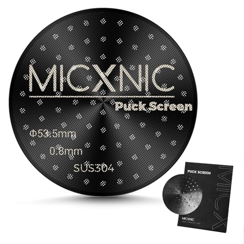 MICXNIC Puck Screen 54mm, 0.8mm Espresso Sieb für Sage 54mm Siebträger, Edelstahl Kaffee Puck Sieb mit Titanbeschichtung, Siebträger Zubehör mit Papiertüte, Schwarz von MICXNIC