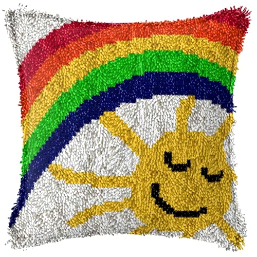 MIDUNU Knüpfhaken-Set Zum Selbermachen, Überwurf-Kissenbezug, Kissenbezug, Heimdekoration, Häkeln, Handarbeiten, Basteln Für Kinder Und Erwachsene, Kleine Sonne Im Regenbogen (43 X 43 Cm) von MIDUNU