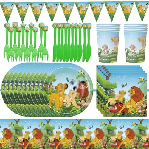 MIFKLMV 62 Pcs Lion Ki-ng Themenparty-Geschirrset, Kinderparty-Dekorationsset, Lion Ki-ng Geburtstag Geschirr Set, Geburtstag Partyzubehör, für Kindergeburtstag Tischdeko Party Supplies von MIFKLMV