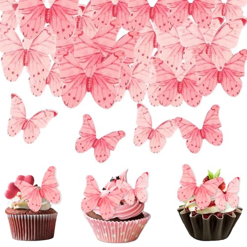 40 Stück Rosa Essbare Schmetterlinge Cupcake Toppers，Schmetterling Essbare Lehnwort Cupcake Toppers，3D Schmetterling Tortendeko Party Hochzeit Jahrestag Geburtstag Party Cupcake Dekoration von MIGIFTDY